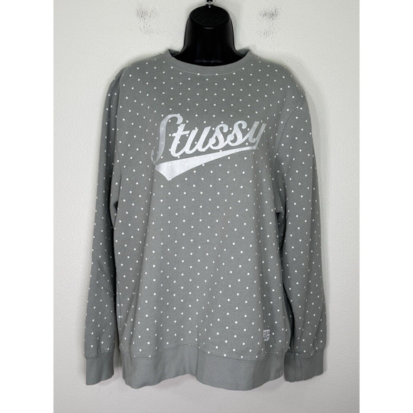 Vintage 90s Stussy Sweatshirt Logo Crew-Neck Pastel Sage Polka Dot, XL - Picture 1 of 9